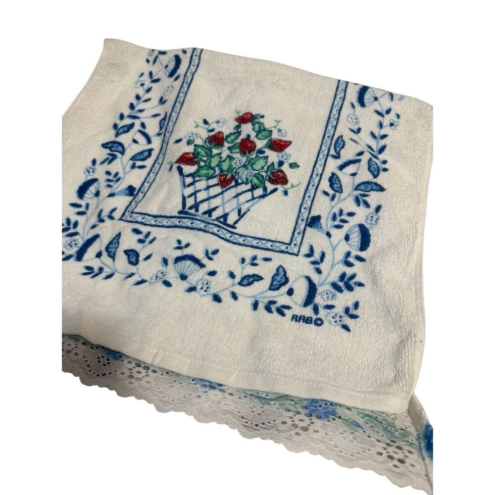 R.A. Briggs Strawberry basket blue floral lace trim Hand Towel